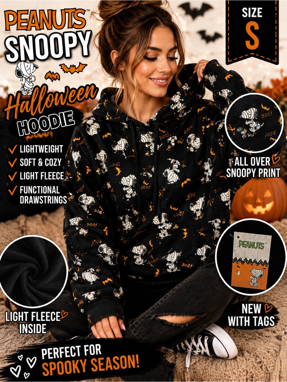Peanuts Snoopy Mummy Halloween Hoodie Sweatshirt Black Size Small NWT